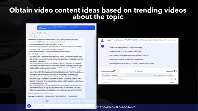 LEVERAGING AI BOTS FOR SEO BY @ALEYDA FROM @ORAINTI
Obtain video content ideas based on trending videos
about the topic
