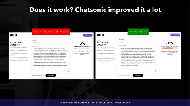 LEVERAGING AI BOTS FOR SEO BY @ALEYDA FROM @ORAINTI
Does it work? Chatsonic improved it a lot
Chatsonic Original AI Written Content Chatsonic Rewrite
