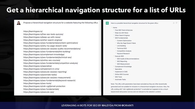 LEVERAGING AI BOTS FOR SEO BY @ALEYDA FROM @ORAINTI
Get a hierarchical navigation structure for a list of URLs
