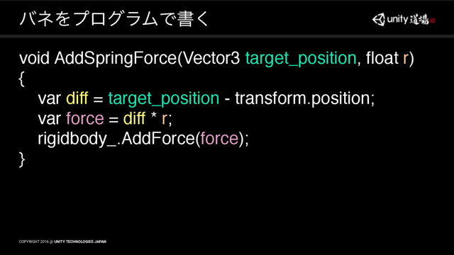 COPYRIGHT 2016 @ UNITY TECHNOLOGIES JAPAN
COPYRIGHT 2016 @ UNITY TECHNOLOGIES JAPAN
όωΛϓϩάϥϜͰॻ͘
void AddSpringForce(Vector3 target_position, float r)
{
var diff = target_position - transform.position;
var force = diff * r;
rigidbody_.AddForce(force);
}
