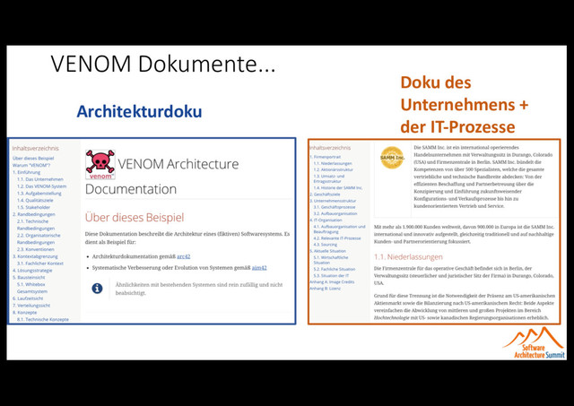 VENOM Dokumente...
Architekturdoku
Doku des
Unternehmens +
der IT-Prozesse
