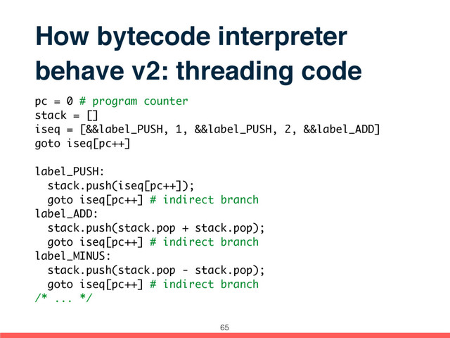 How bytecode interpreter
behave v2: threading code
pc = 0 # program counter
stack = []
iseq = [&&label_PUSH, 1, &&label_PUSH, 2, &&label_ADD]
goto iseq[pc++]
label_PUSH:
stack.push(iseq[pc++]);
goto iseq[pc++] # indirect branch
label_ADD:
stack.push(stack.pop + stack.pop);
goto iseq[pc++] # indirect branch
label_MINUS:
stack.push(stack.pop - stack.pop);
goto iseq[pc++] # indirect branch
/* ... */
65
