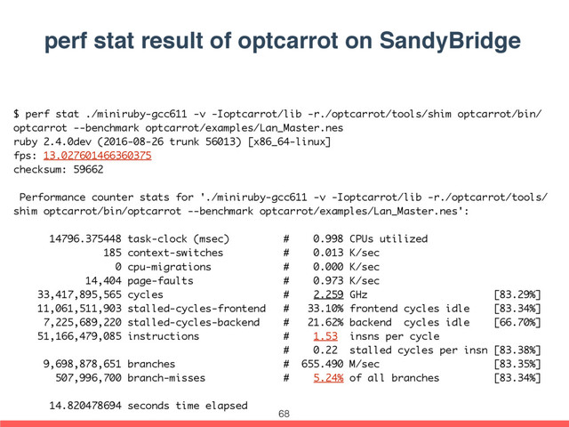 perf stat result of optcarrot on SandyBridge
$ perf stat ./miniruby-gcc611 -v -Ioptcarrot/lib -r./optcarrot/tools/shim optcarrot/bin/
optcarrot --benchmark optcarrot/examples/Lan_Master.nes
ruby 2.4.0dev (2016-08-26 trunk 56013) [x86_64-linux]
fps: 13.027601466360375
checksum: 59662
Performance counter stats for './miniruby-gcc611 -v -Ioptcarrot/lib -r./optcarrot/tools/
shim optcarrot/bin/optcarrot --benchmark optcarrot/examples/Lan_Master.nes':
14796.375448 task-clock (msec) # 0.998 CPUs utilized
185 context-switches # 0.013 K/sec
0 cpu-migrations # 0.000 K/sec
14,404 page-faults # 0.973 K/sec
33,417,895,565 cycles # 2.259 GHz [83.29%]
11,061,511,903 stalled-cycles-frontend # 33.10% frontend cycles idle [83.34%]
7,225,689,220 stalled-cycles-backend # 21.62% backend cycles idle [66.70%]
51,166,479,085 instructions # 1.53 insns per cycle
# 0.22 stalled cycles per insn [83.38%]
9,698,878,651 branches # 655.490 M/sec [83.35%]
507,996,700 branch-misses # 5.24% of all branches [83.34%]
14.820478694 seconds time elapsed
68
