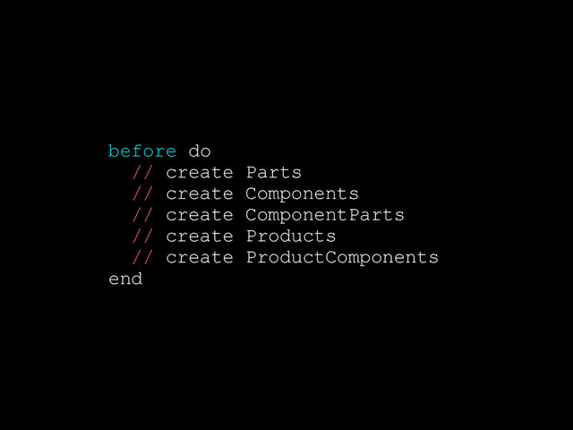 @robb1e
before do
// create Parts
// create Components
// create ComponentParts
// create Products
// create ProductComponents
end
