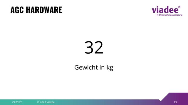 13
AGC HARDWARE
29.09.23 © 2023 viadee
32
Gewicht in kg

