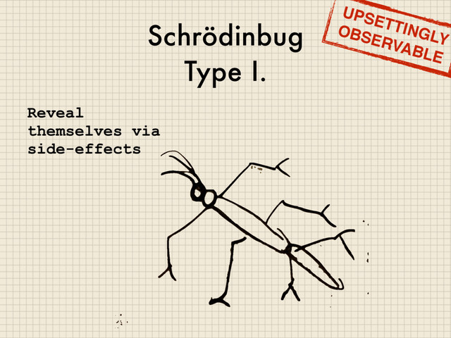 Schrödinbug
Type I.
Reveal
themselves via
side-effects
UPSETTINGLY
OBSERVABLE
