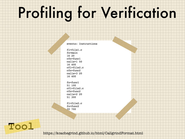 Profiling for Verification
https://kcachegrind.github.io/html/CallgrindFormat.html
Tool
