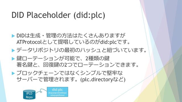 DID Placeholder (did:plc)
 DIDは生成・管理の方法はたくさんありますが
ATProtocolとして提唱しているのがdid:plcです。
 データリポジトリの最初のハッシュと紐づいています。
 鍵ローテーションが可能で、2種類の鍵
署名鍵と、回復鍵の2つでローテーションできます。
 ブロックチェーンではなくシンプルで堅牢な
サーバーで管理されます。(plc.directoryなど)
IPLD
Repo
did:plc
zkxpsaopwdwddwpo
edwpqaidfeaws

