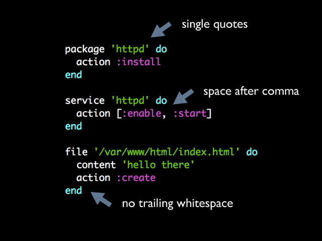 single quotes
space after comma
no trailing whitespace
