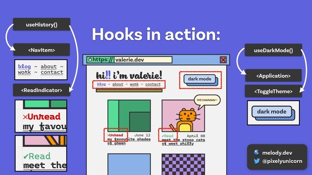 Hooks in action:
useHistory()


useDarkMode()


