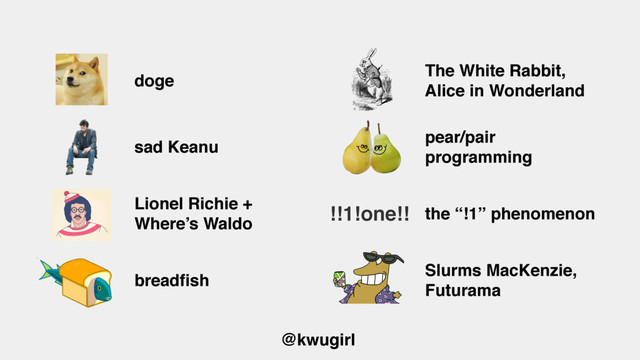 @kwugirl
doge
The White Rabbit,
Alice in Wonderland
sad Keanu
pear/pair
programming
Lionel Richie +
Where’s Waldo
!!1!one!! the “!1” phenomenon
breadﬁsh
Slurms MacKenzie,
Futurama
