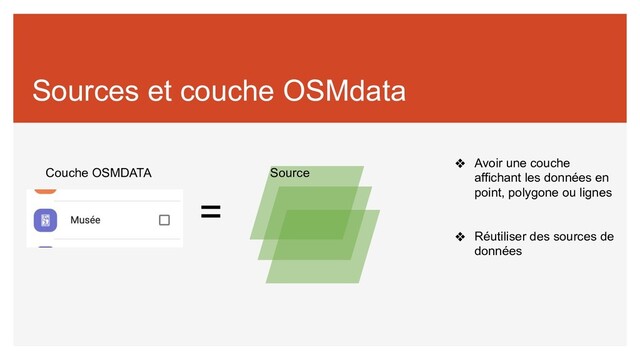 Sources et couche OSMdata
Couche OSMDATA Source
=
❖ Avoir une couche
affichant les données en
point, polygone ou lignes
❖ Réutiliser des sources de
données
