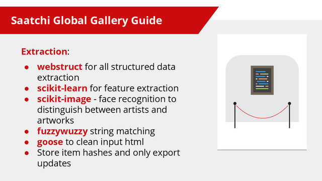Saatchi Global Gallery Guide
Extraction:
● webstruct for all structured data
extraction
● scikit-learn for feature extraction
● scikit-image - face recognition to
distinguish between artists and
artworks
● fuzzywuzzy string matching
● goose to clean input html
● Store item hashes and only export
updates
