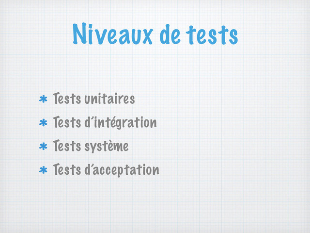 Niveaux de tests
Tests unitaires
Tests d’intégration
Tests système
Tests d’acceptation
