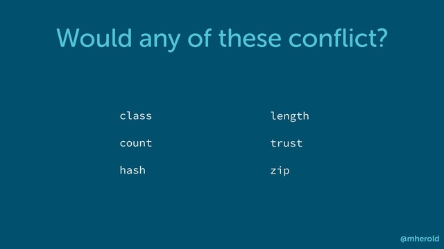 Would any of these conﬂict?
@mherold
class
count
hash
length
trust
zip
