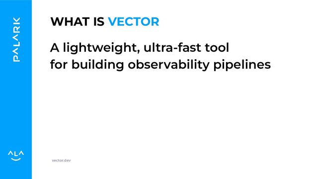 WHAT IS VECTOR
A lightweight, ultra-fast tool
for building observability pipelines
vector.dev
