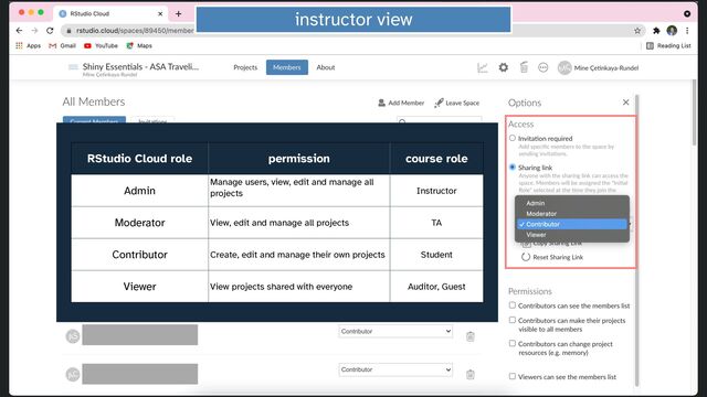 instructor view
RStudio Cloud role permission course role
Admin
Manage users, view, edit and manage all
projects


Instructor
Moderator View, edit and manage all projects TA
Contributor Create, edit and manage their own projects Student
Viewer View projects shared with everyone Auditor, Guest
