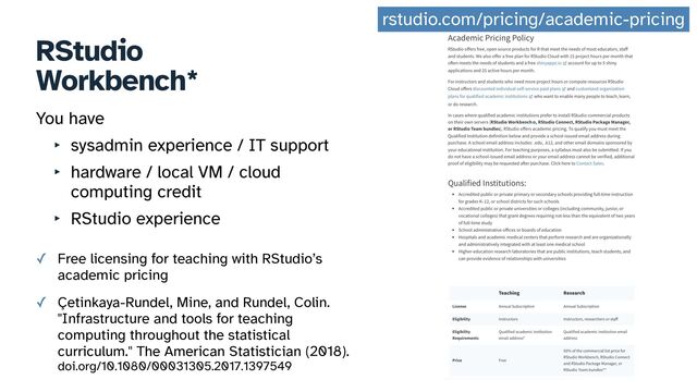 RStudio


Workbench*
You have


‣ sysadmin experience / IT support


‣ hardware / local VM / cloud
computing credit


‣ RStudio experience
rstudio.com/pricing/academic-pricing
✓ Free licensing for teaching with RStudio’s
academic pricing
✓ Çetinkaya-Rundel, Mine, and Rundel, Colin.
"Infrastructure and tools for teaching
computing throughout the statistical
curriculum." The American Statistician (2018).


doi.org/10.1080/00031305.2017.1397549
