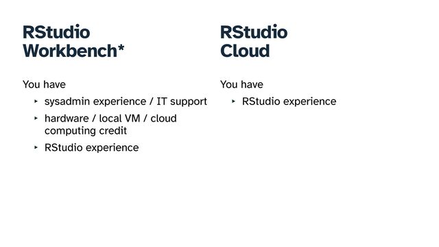 RStudio


Workbench*
You have


‣ sysadmin experience / IT support


‣ hardware / local VM / cloud
computing credit


‣ RStudio experience
RStudio


Cloud
You have


‣ RStudio experience
