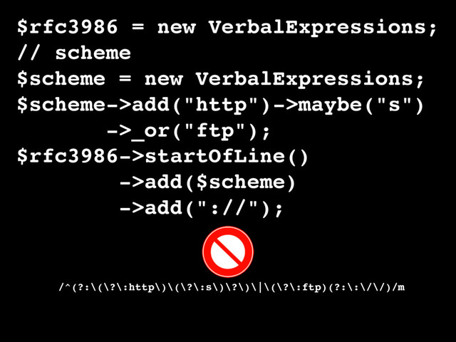 $rfc3986 = new VerbalExpressions;
// scheme
$scheme = new VerbalExpressions;
$scheme->add("http")->maybe("s")
->_or("ftp");
$rfc3986->startOfLine()
->add($scheme)
->add("://");
/^(?:\(\?\:http\)\(\?\:s\)\?\)\|\(\?\:ftp)(?:\:\/\/)/m
