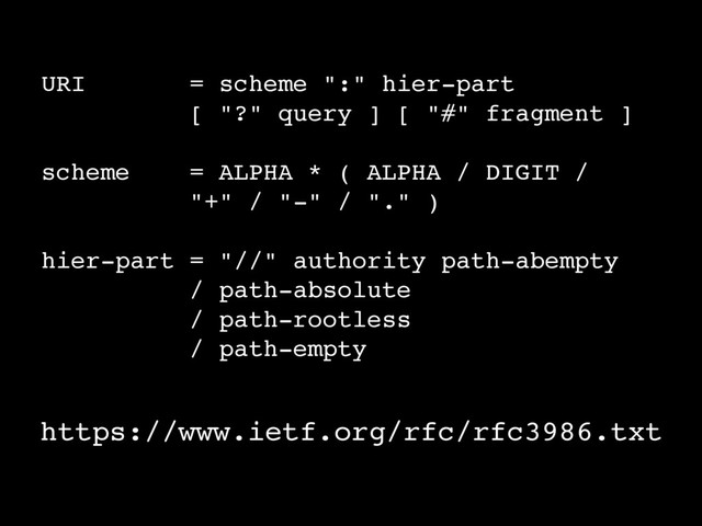 URI = scheme ":" hier-part
[ "?" query ] [ "#" fragment ]
scheme = ALPHA * ( ALPHA / DIGIT /
"+" / "-" / "." )
hier-part = "//" authority path-abempty
/ path-absolute
/ path-rootless
/ path-empty
https://www.ietf.org/rfc/rfc3986.txt

