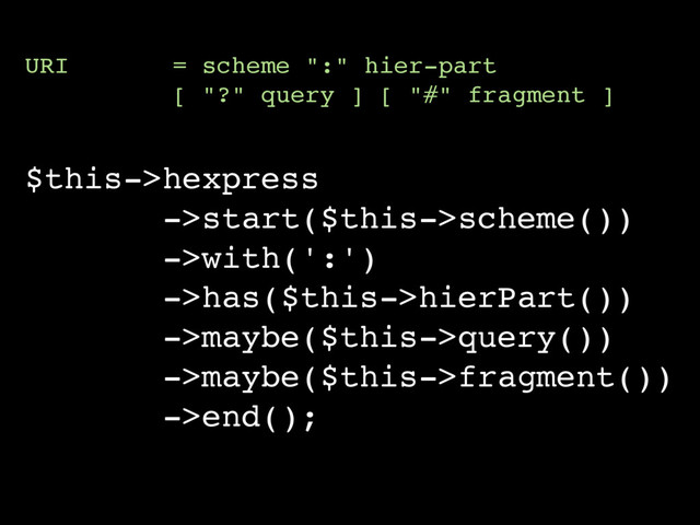 $this->hexpress
->start($this->scheme())
->with(':')
->has($this->hierPart())
->maybe($this->query())
->maybe($this->fragment())
->end();
URI = scheme ":" hier-part
[ "?" query ] [ "#" fragment ]
