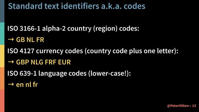 Standard text identifiers a.k.a. codes
ISO 3166-1 alpha-2 country (region) codes:


→ GB NL FR


ISO 4127 currency codes (country code plus one letter):


→ GBP NLG FRF EUR


ISO 639-1 language codes (lower-case!):


→ en nl fr
13
@PeterHilton •
