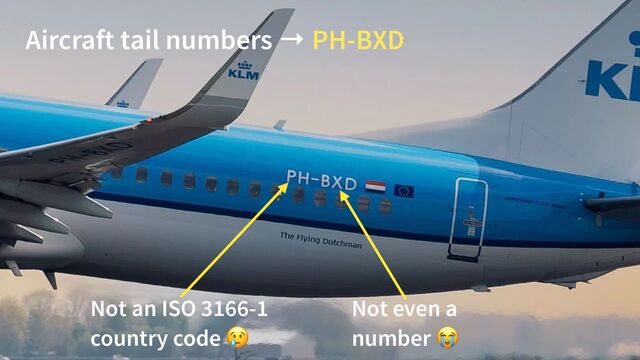 Aircraft tail numbers → PH-BXD
Not an ISO 3166-1
country code 😢
Not even a
number 😭
