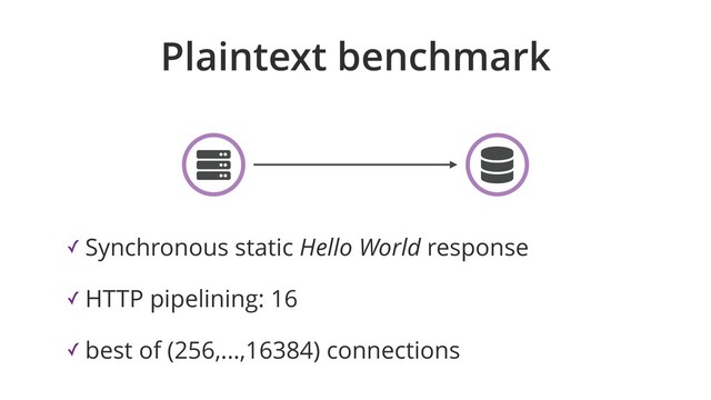 Plaintext benchmark
✓ Synchronous static Hello World response
✓ HTTP pipelining: 16
✓ best of (256,...,16384) connections
