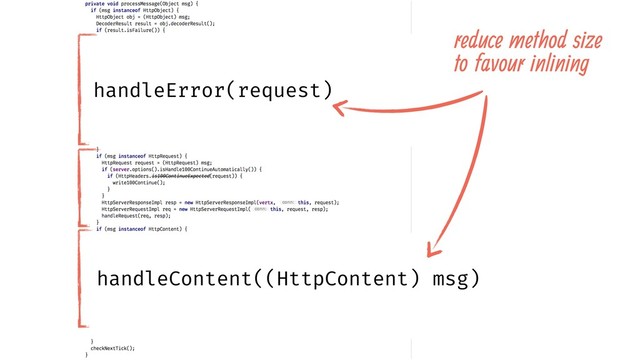 reduce method size
to favour inlining
handleContent((HttpContent) msg)
handleError(request)
