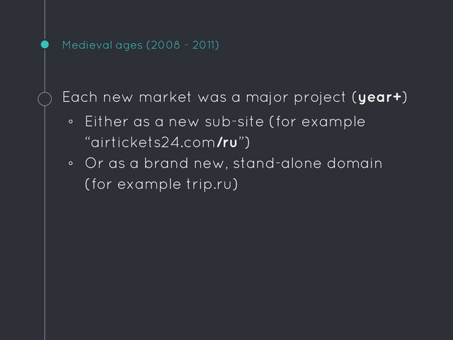 Medieval ages (2008 - 2011)
Each new market was a major project (year+)
◦ Either as a new sub-site (for example
“airtickets24.com/ru”)
◦ Or as a brand new, stand-alone domain
(for example trip.ru)
