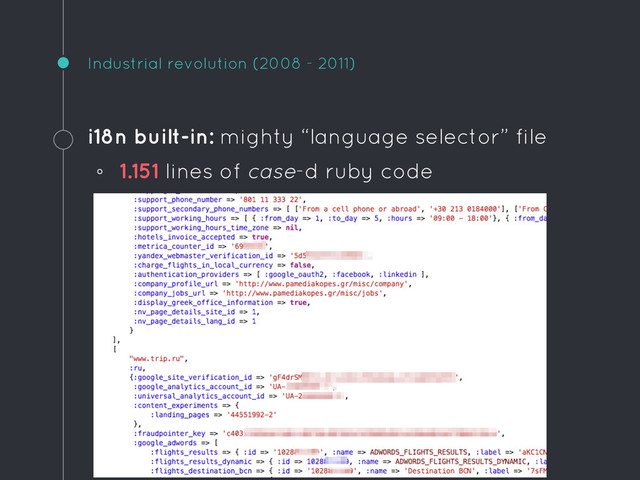Industrial revolution (2008 - 2011)
i18n built-in: mighty “language selector” file
◦ 1.151 lines of case-d ruby code
