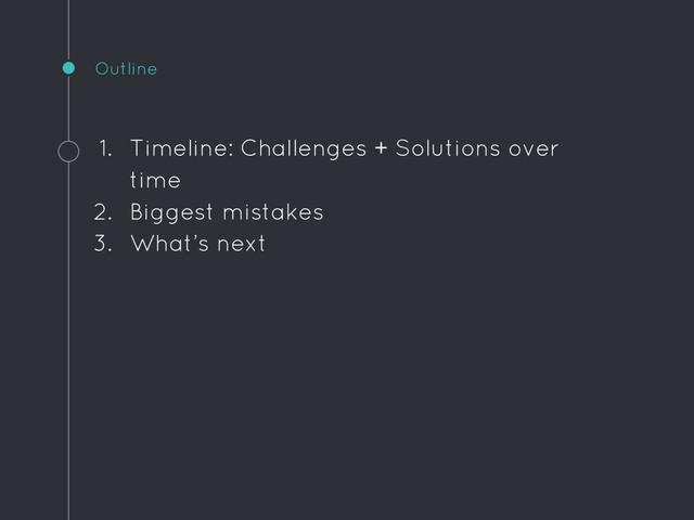 Outline
1. Timeline: Challenges + Solutions over
time
2. Biggest mistakes
3. What’s next
