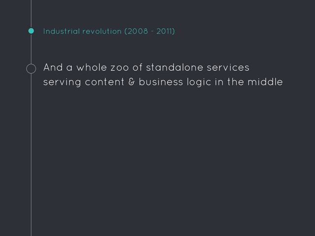 Industrial revolution (2008 - 2011)
And a whole zoo of standalone services
serving content & business logic in the middle
