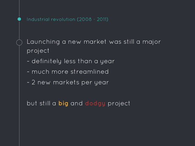 Industrial revolution (2008 - 2011)
Launching a new market was still a major
project
~ definitely less than a year
~ much more streamlined
~ 2 new markets per year
but still a big and dodgy project
