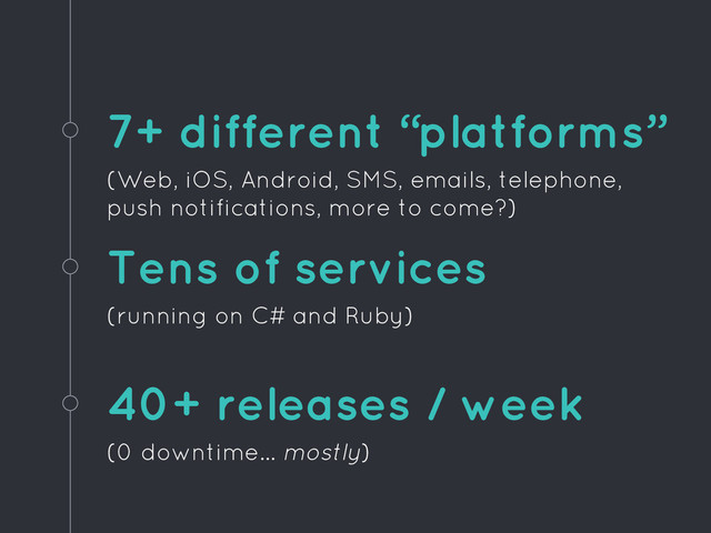 7+ different “platforms”
(Web, iOS, Android, SMS, emails, telephone,
push notifications, more to come?)
40+ releases / week
(0 downtime… mostly)
Tens of services
(running on C# and Ruby)
