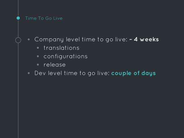 Time To Go Live
◦ Company level time to go live: ~ 4 weeks
▫ translations
▫ configurations
▫ release
◦ Dev level time to go live: couple of days
