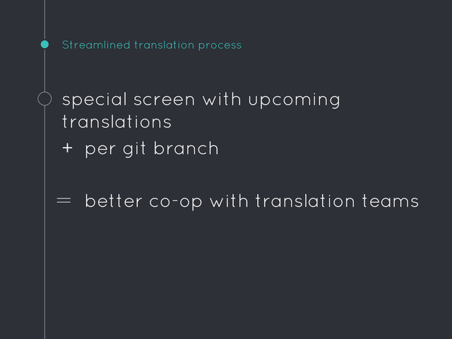 Streamlined translation process
special screen with upcoming
translations
+ per git branch
＝ better co-op with translation teams

