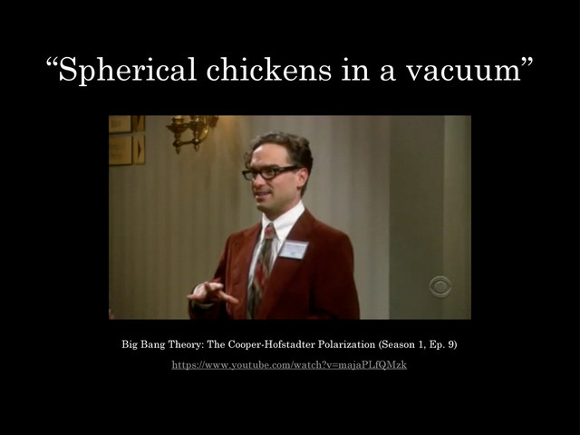 “Spherical chickens in a vacuum”
https://www.youtube.com/watch?v=majaPLfQMzk
Big Bang Theory: The Cooper-Hofstadter Polarization (Season 1, Ep. 9)
