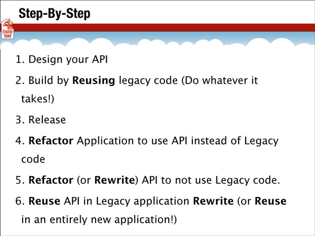 Step-By-Step
1. Design your API
2. Build by Reusing legacy code (Do whatever it
takes!)
3. Release
4. Refactor Application to use API instead of Legacy
code
5. Refactor (or Rewrite) API to not use Legacy code.
6. Reuse API in Legacy application Rewrite (or Reuse
in an entirely new application!)
