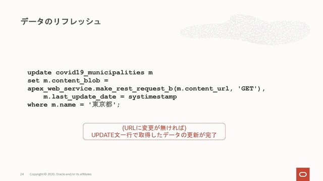 データのリフレッシュ
Copyright © 2020, Oracle and/or its affiliates
24
update covid19_municipalities m
set m.content_blob =
apex_web_service.make_rest_request_b(m.content_url, 'GET'),
m.last_update_date = systimestamp
where m.name = '東京都';
(URLに変更が無ければ)
UPDATE文一行で取得したデータの更新が完了
