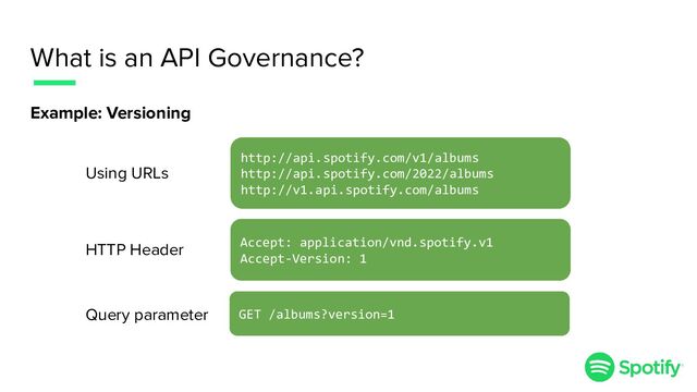 What is an API Governance?
Example: Versioning
Using URLs
http://api.spotify.com/v1/albums
http://api.spotify.com/2022/albums
http://v1.api.spotify.com/albums
HTTP Header Accept: application/vnd.spotify.v1
Accept-Version: 1
Query parameter GET /albums?version=1
