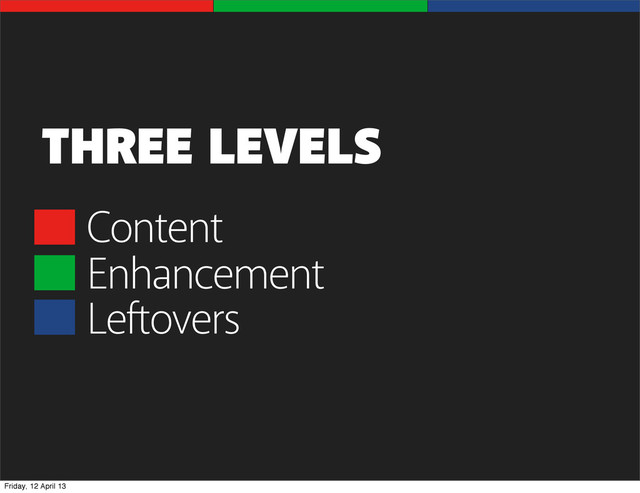 Content
THREE LEVELS
Enhancement
Leftovers
Friday, 12 April 13
