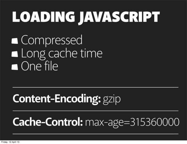 LOADING JAVASCRIPT
Compressed
Long cache time
One file
Content-Encoding: gzip
Cache-Control: max-age=315360000
Friday, 12 April 13
