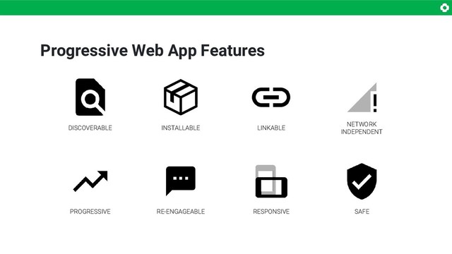 Progressive Web App Features
DISCOVERABLE
SAFE
RESPONSIVE
RE-ENGAGEABLE
PROGRESSIVE
NETWORK
INDEPENDENT
LINKABLE
INSTALLABLE
