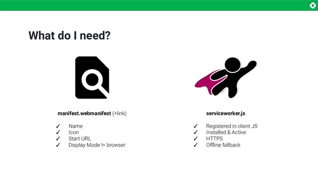 What do I need?
manifest.webmanifest (+link)
✓ Name
✓ Icon
✓ Start URL
✓ Display Mode != browser
serviceworker.js
✓ Registered in client JS
✓ Installed & Active
✓ HTTPS
✓ Oﬄine fallback
