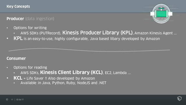 11 02.06.17
Key Concepts
Producer (data ingestion)
• Options for writing
• AWS SDKs (PUTRecord), Kinesis Producer Library (KPL), Amazon Kinesis Agent ...
• KPL is an easy-to-use, highly configurable, Java based libary developed by Amazon
Consumer
• Options for reading
• AWS SDKs, Kinesis Client Library (KCL), EC2, Lambda ...
• KCL = Life Saver !! Also developed by Amazon
• Available in Java, Python, Ruby, NodeJS and .NET
