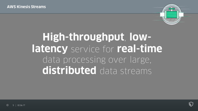 5 02.06.17
AWS Kinesis Streams
High-throughput, low-
latency service for real-time
data processing over large,
distributed data streams

