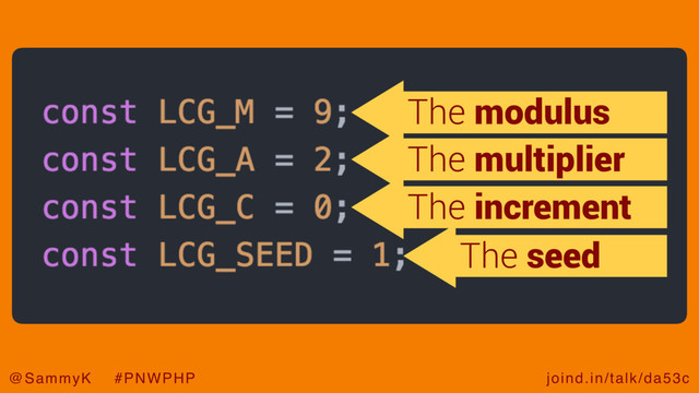 joind.in/talk/da53c
@SammyK #PNWPHP
The modulus
The multiplier
The increment
The seed
