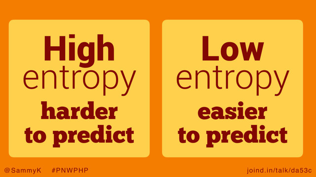 joind.in/talk/da53c
@SammyK #PNWPHP
High
entropy
harder
to predict
Low
entropy
easier
to predict
